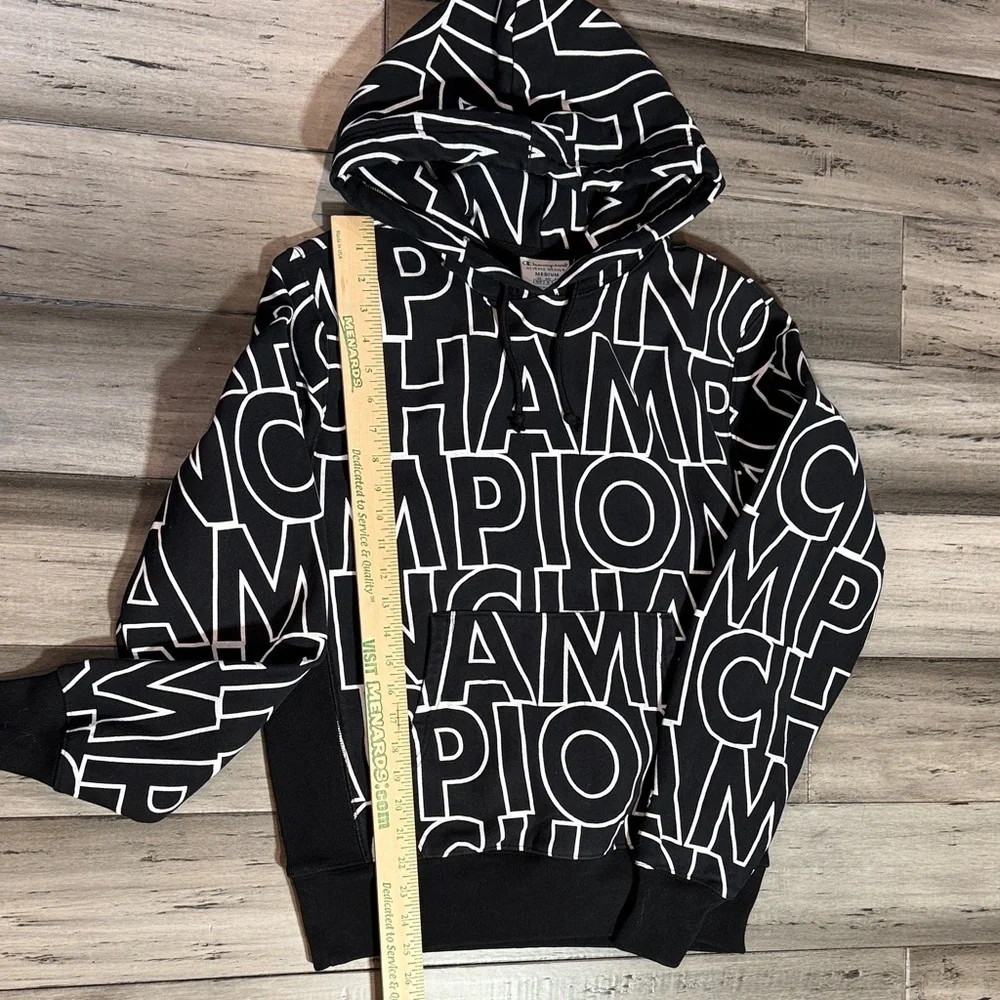 NWOT Champion Black Hoodie with White All-Over Logo Print